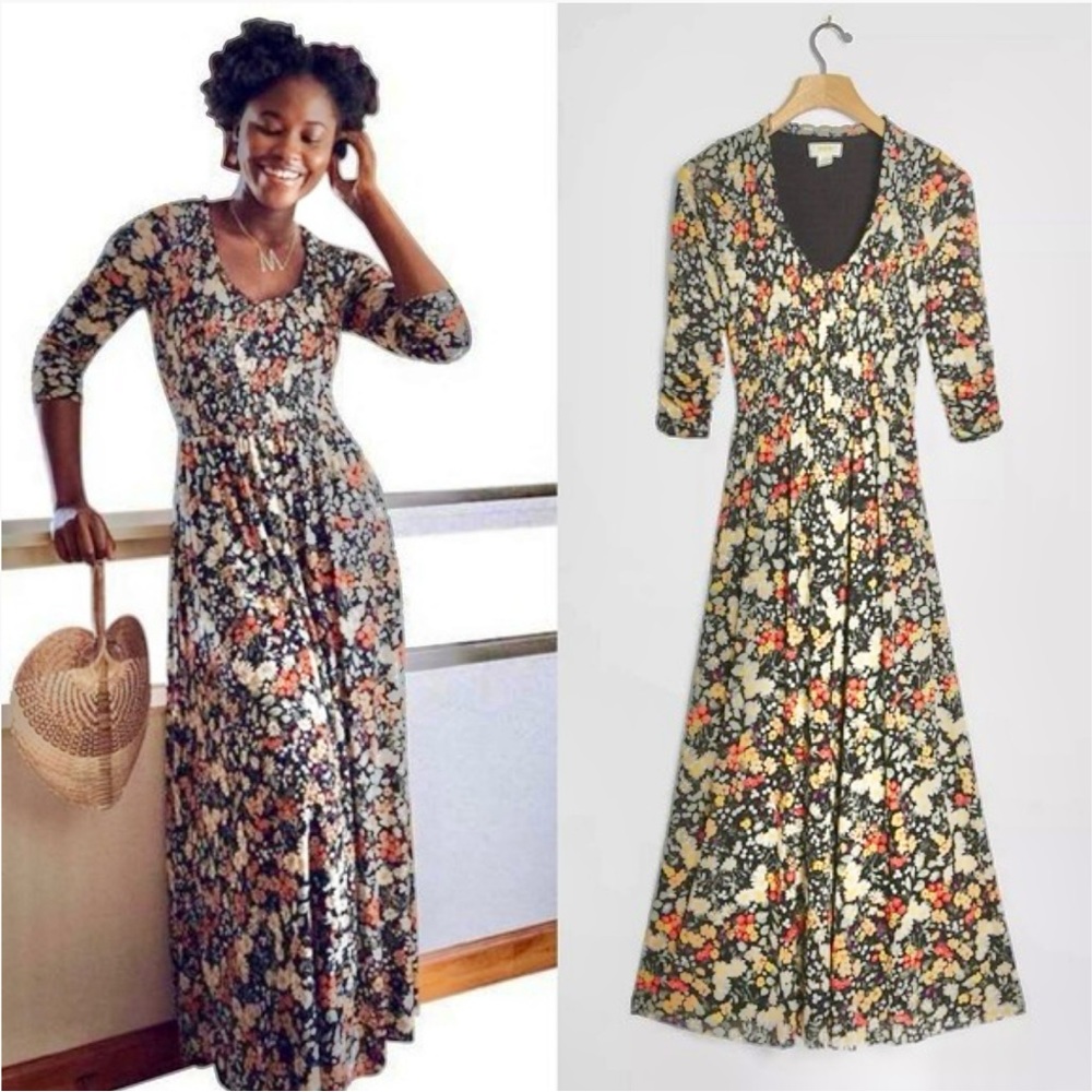 Maeve Anthropologie Omya Colorful Smocked Ruched Sleeve Maxi Dress Sz XS